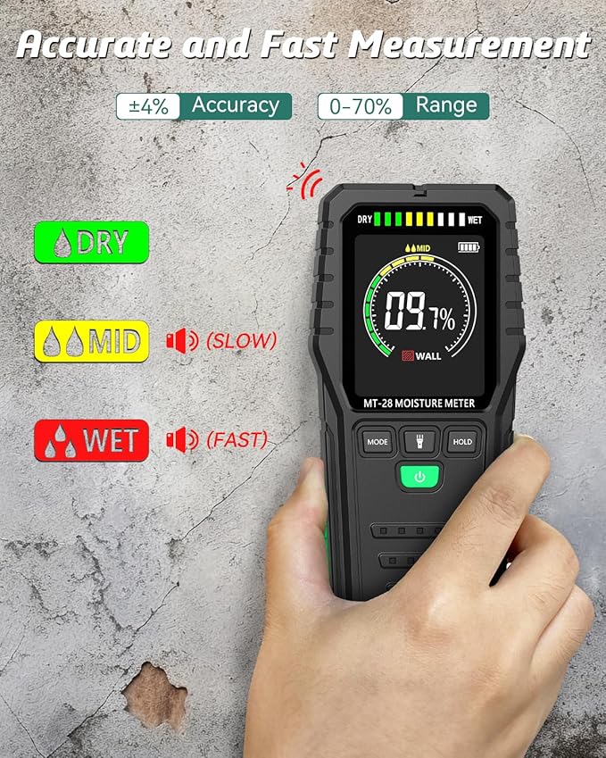 Pinless Moisture Meter for Wall,Floor – Digital Moisture Tester with 3-Color LCD Display, Audible Alarm & HOLD Function – Ideal for Home Inspections (Red_green)