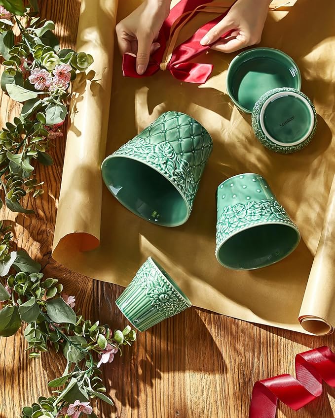 Metahom Ceramic Plant Pots, 5.8 Inch Flower Pots for Indoor Plants, Planters with Drainage Hole & Saucer, Green Planters for Succulent, Orchid, Cactus, Home Decor, Set of 4, Green