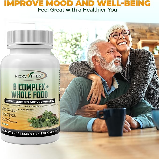 MoxyVites Vitamin B Complex - B Vitamins Whole Food Supplement, B12 Methylcobalamin, B1, B2, B3, B5, B6, B7, B9 - for Stress, Energy and Immune Support, Vegan, 120 Capsules
