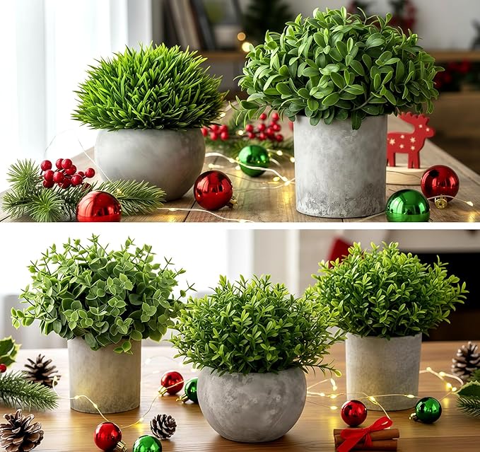 5 Pack Fake Plants, Small Artificial Plants in Pots, Faux Plants Indoor, Artificial Eucalyptus Plants for Desk Shelf Bathroom Bedroom Kitchen Living Room Office Decor Housewarming Gift