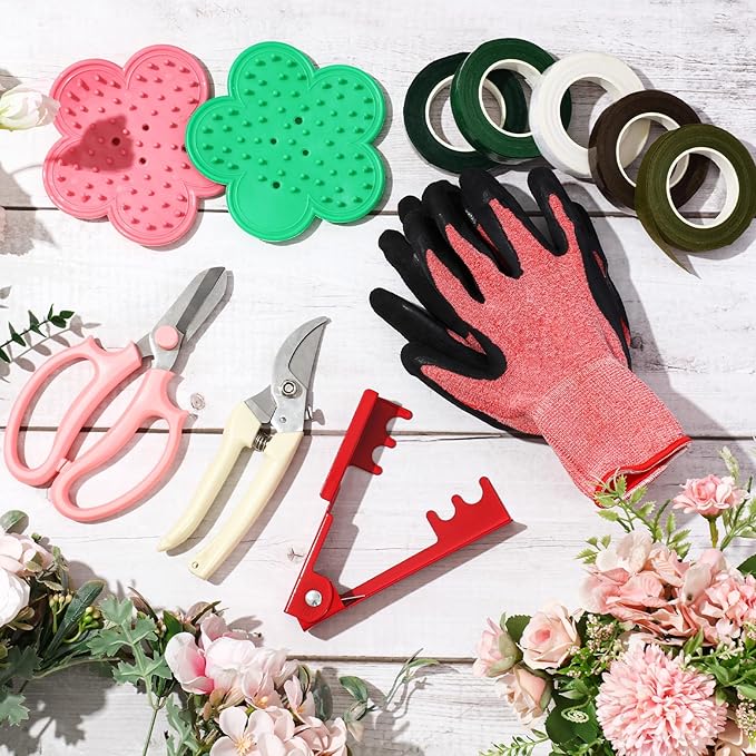 WILLBOND Floral Arrangement Kit, Valentine Rose Thorn Stripper Tool Garden Pruning Shears Scissors Rose Thorn Remover Pruner Trimmer Gloves Tapes Florist Garden Tool Gift Kit for Women(Pink)