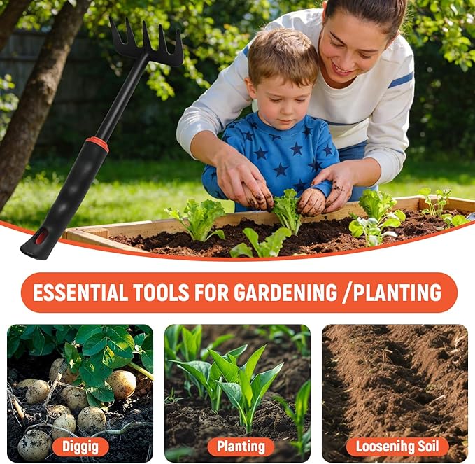 Small Garden Rake, Hand Rake & Cultivator Tool with Non-Slip Handle – Hand Weeder for Weeding, Tilling Soil, Planting