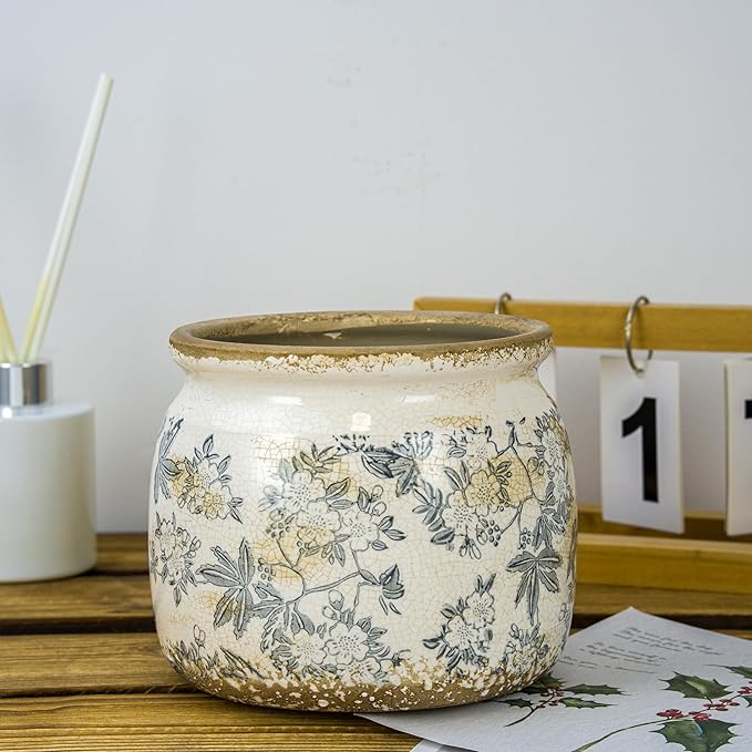 Dosayes Vintage Ceramic Ice Crack Flower Pot with Drainage Holes, Country Rustic Planters for Indoor and Outdoor,Tuscan Decor,Home,Living Room, Garden Decor, Gardening Gift (Farmhouse)