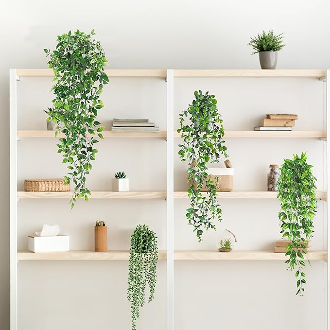 USLAI Artificial Hanging Plants Vine, Fake Potted Greenery Faux Eucalyptus, Mandala, String of Pearls, Pea Pod Leaves in Pot for Office Living Room Bathroom Indoor Outdoor Décor (4 Pack)