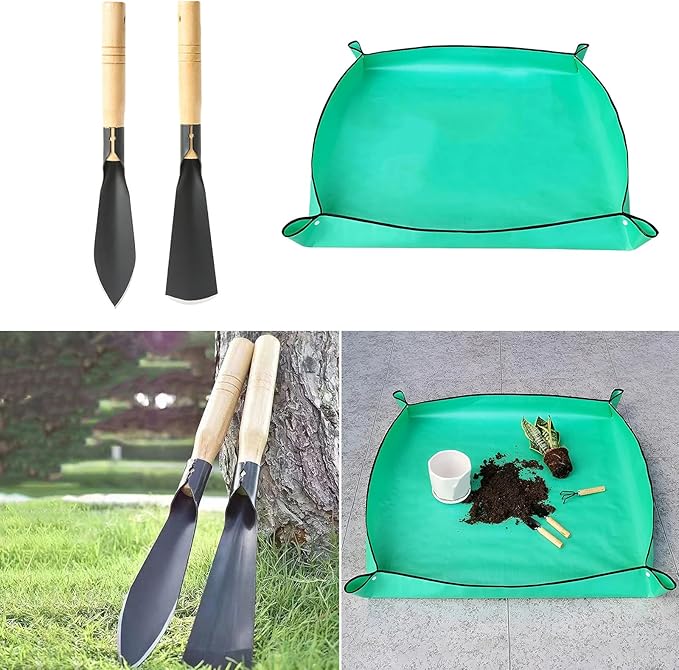 3Pcs Garden Hand Trowel Plant Repotting Mat, Heavy Duty Polished Steel Garden Shovels with Wood Handle, Small Gardening Hand Tools for Digging, Planting, Measure, Transplanting