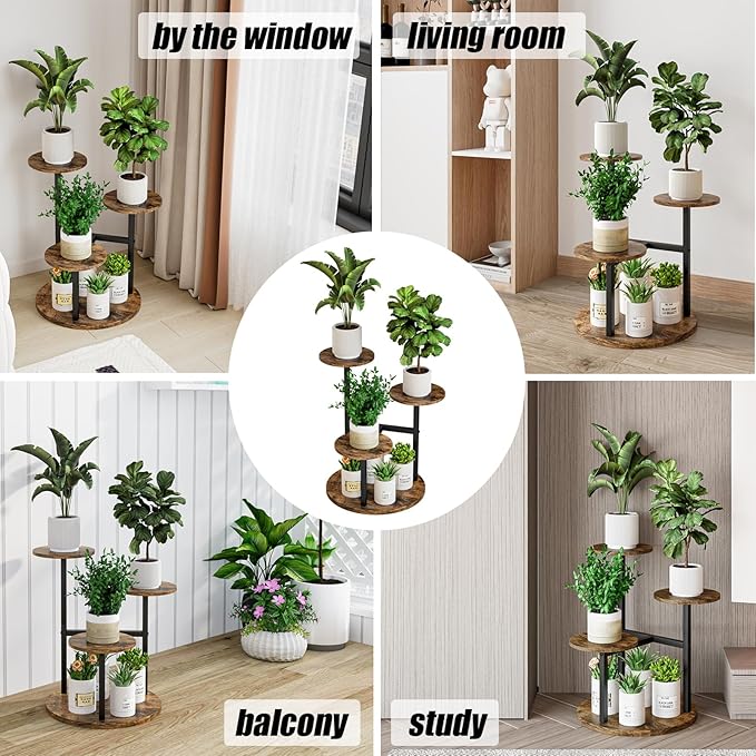 INGIORDAR Plant Stand Indoor Outdoor Corner Flower Stands Multiple Flower Pot Holder for Patio Garden Balcony Living Room 4 Tier Black+Rustic Brown