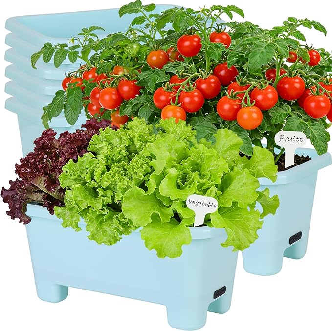 Oliz Self-Watering Rectangle Planter Boxes 8-Pack, 15.7-Inch Window Box Planter with Drainage Holes & Trays, Pots for Vegetables, Herbs, Flowers, Garden Windowsill Balcony (Sky Blue)