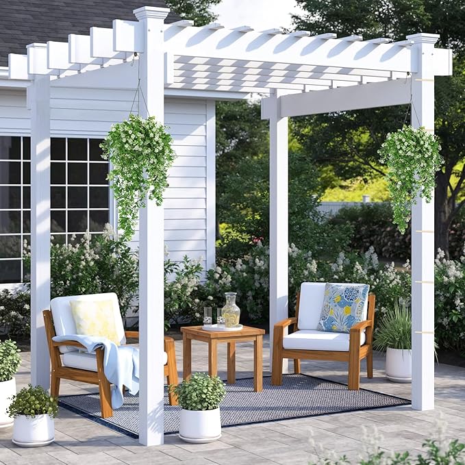 RECUTMS 2Pcs Artificial Hanging Flowers for Outdoor Decoration Fake Hanging Plants Faux White Flowers Artificial UV Resistant Plastic Greenery Vines Ivy for Outdoor Indoor Garden Party Decor(White)