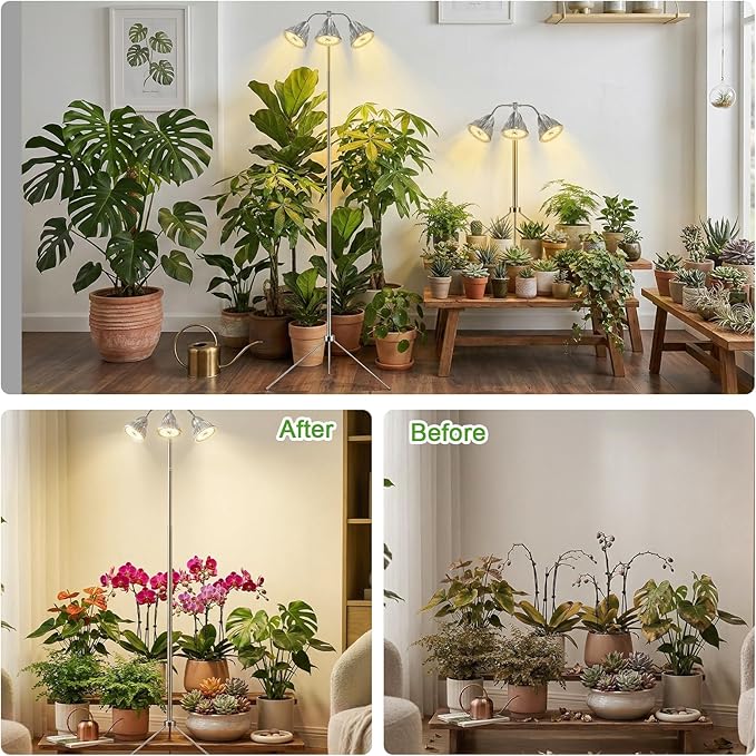 Full Spectrum Grow Light for Indoor Plants with Adjustable Tripod Stand, 11''- 60'' Height Plant Grow Lamp with Auto Timer 3/9/12H, LED Plant Light for Houseplants, Seedlings, Flowers & Indoor Garden