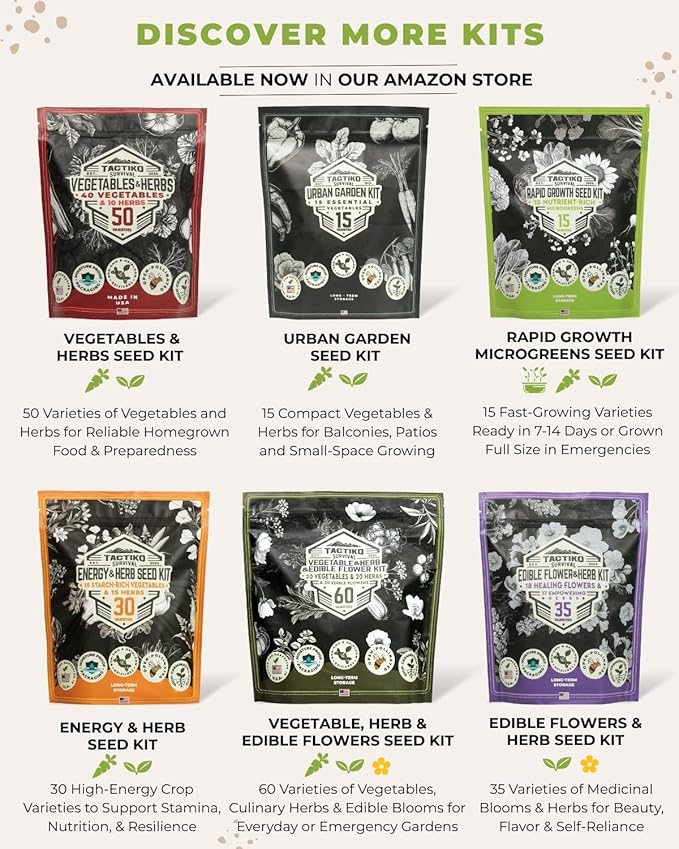 Tactiko Survival 40 Medicinal & Tea Herb Seeds Variety Pack, Indoor & Outdoor Herbal Garden Kit, USA Grown Heirloom Non-GMO, Herbal Seeds for Teas, Resealable Mylar Bag for Long-Term Storage