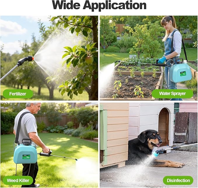 VAXMAY Battery Powered Sprayer 2 Gallon, Upgrade Electric Garden Sprayer with 3 Adjustable Speed, Battery Indicator, 4 Mist Nozzles, Rechargeable Handle, Retractable Wand, Shoulder Strap for Weed Lawn
