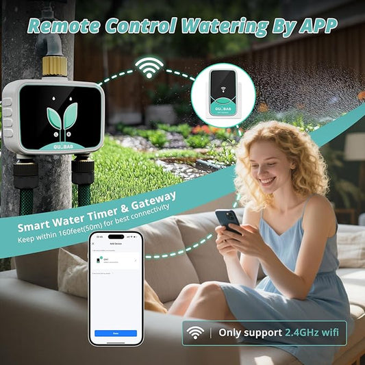 QUOBAS Smart WiFi Water Timer for Garden Hose, 2 Zone Brass Sprinkler Timer with App Control & Rain Delay/Auto/Manual 3 Modes for Drip Irrigation, Pool & Lawn, Battery Powered
