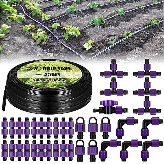 Tondiamo 250' 5/8 Inch Drip Tape Irrigation Tubing Kit 8 Mil 6" Spacing Garden Hose Watering Tube Line Automatic Equipment for Garden Irrigation System Farms, Landscape, Lawn