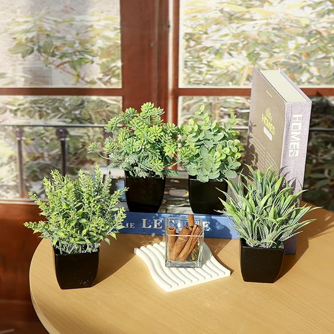 GREENTIME 4 Pack Fake Plants in Black Pot Small Artificial Eucalyptus Potted Plant Wheat Grass Mini Faux Greenery for Home Decor Indoor Office Table Room Farmhouse Bathroom Decorations
