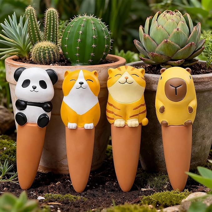 MCleanPin 4 Pack Plant Watering Spikes and Globes Handmade Terracotta Self-Watering Planter Insert Automatic Plant Waterer Devices for Indoor Outdoor Plants (Animal Paradise)