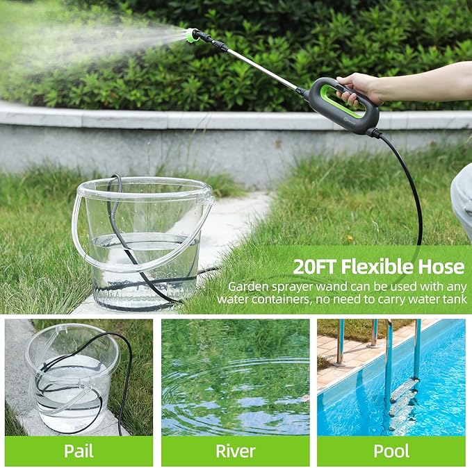 Battery Powered Sprayer Wand, Garden Electric Sprayer 24.5" Telescopic Wand with 20 FT Hose, 7.2V Voltage 3 Adjustable Nozzles, Portable USB-C Rechargeable Water Spray for Lawn and Outdoor