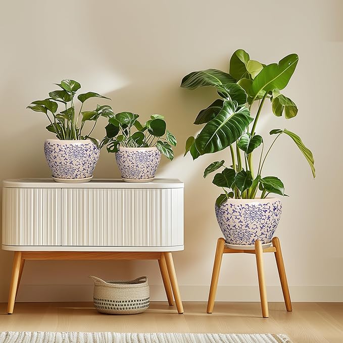 6 Inch Plant Pot - Ceramic Planters for Succulent Snake Plants, Round Pots for Plants with Drainage Hole and Saucer, Indoor Flower Pots, Living Room Decor, Gardening Gifts, Retro Blue