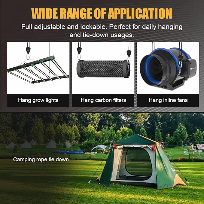 Ayaport Adjustable Rope Hanger Grow Light Hanger, 12Ft 1/8" Heavy Duty Plant Pulley Rope Tightener Ratchet Tie Down for Kayak, Tarp, Tent Tie Downs, 4 Pack