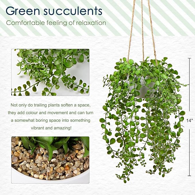 Fake Hanging Plants with Pot, 14'' Faux String of Vine Greenery Artificial Hanging Plant for Indoor Home Office Farmhouse Bathroom Wall Shelf Decor