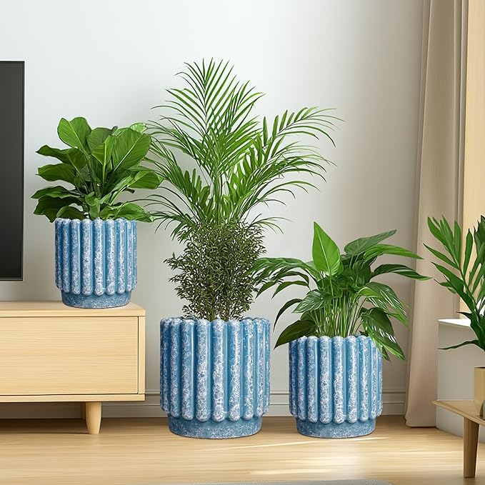 Ceramicfor Ceramic Pots for Plants - 12 Inch Planter with Drainage Hole, Round Large Flower Pots for Indoor Plants Outdoor, Fluted Decorative Ceramic Planter, Home Office Decor, Garden Gifts, Blue