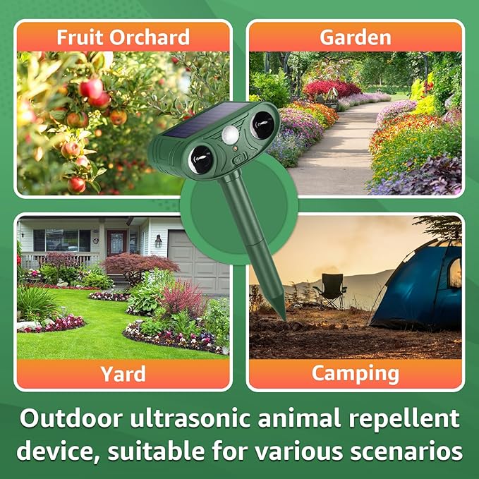 Solar Ultrasonic Animal Repellent Outdoor with Motion Sensor Strobe Light Deer Repellent Devices for Squirrel Rats Snakes Rabbit 25KHZ Silent Deterrent Dual Mode Yard Garden Lawn Pest Control 1pack