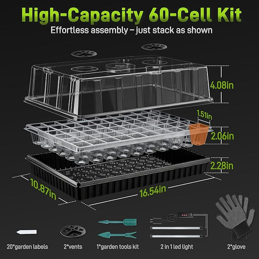 Mulctun 60-Cell Seed Starter Tray with Grow Light, Seedling Starter Trays with 4.08" Humidity Dome, Self-Watering Plant Germination Trays,Seed Starter Kit for Seeds Growing (Black)