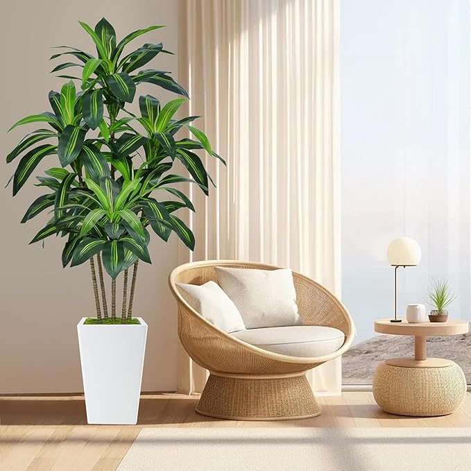 6FT Artificial Dracaena Tree, Fake Tree Indoor with White Tall Planter,Tall Artificial Plants Indoor,Artificial Silk Tree for Home Office Decor (White)