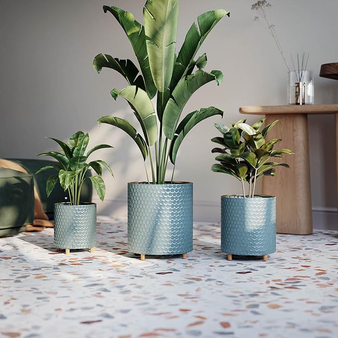 EverNest Rhys Blue-Green Modern Honeycomb Pattern Indoor Planter with Wooden Stand, 10-Inch Plant Pot, SelectBase, Mid-Century Modern Home Decor Planters (Medium, 2 Gallon)