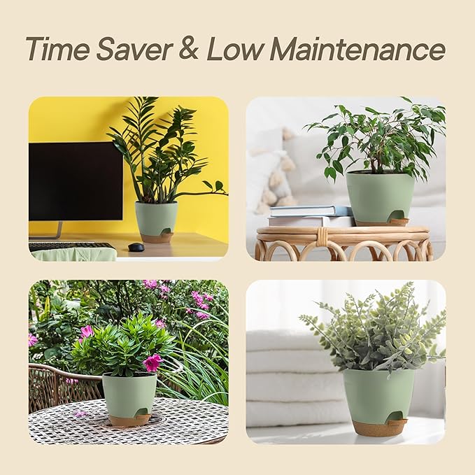 Green Self Watering Pots 5 Pack, Indoor and Outdoor Plant Pots with Wick Rope & Drainage Holes, Easy Watering Lip, Lightweight Plastic Self Watering Planter for Succulents, Houseplants, and Herbs
