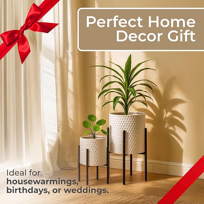 Decorative Flower Pots with Metal Stand for Home Decor - Modern Planters for Hallway, Entryway, and Living Room Decor - Indoor and Outdoor Pots for Plants - Set of 2, 23", 19", White & Black