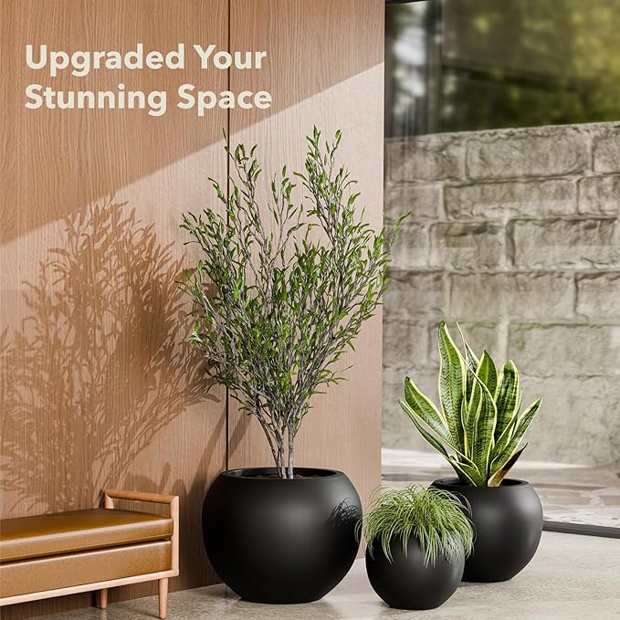 KUTE NEST 9.7" H x 12" D Premium Globo Fiberstone Round Planter with Drainage Hole, Smooth Finishes, Weather Resistant for Indoor and Outdoor Use, Included 2 Extra Coco Mats (Black, 7.8" Pot Opening)