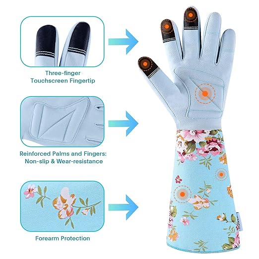 WANCHI Long Gardening Gloves for Women, Breathable Flexible Fit, Comfortable Durable Work Gloves for Planting, Weeding & Outdoor Yard Activities, Blue Medium