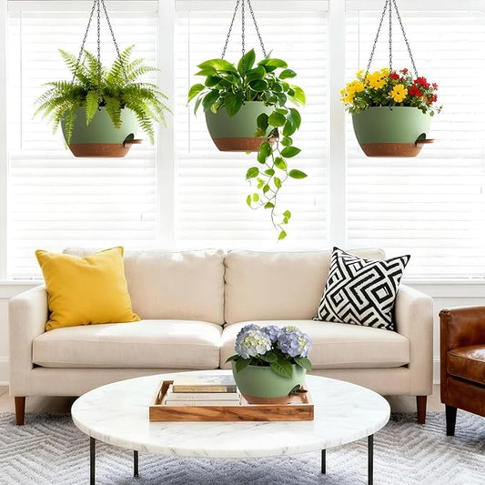 UOUZ Set of 3-10 Inch Self Watering Hanging Planters for Indoor & Outdoor,Hanging Plant Pots with Drainage & Removable Tray, Hanging Pots Holder for Ivy, Ferns, Balcony & Patio, Green and Brown