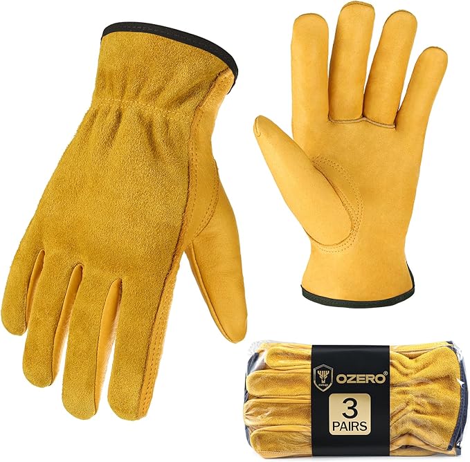 OZERO Leather Work Gloves for Men & Women, 3 Pairs Genuine Cowhide Garden Gloves, Lab Tested EN388 2143X, Flexible Grip, Breathable Unlined Comfort, Elastic Wrist (Gold, Large)