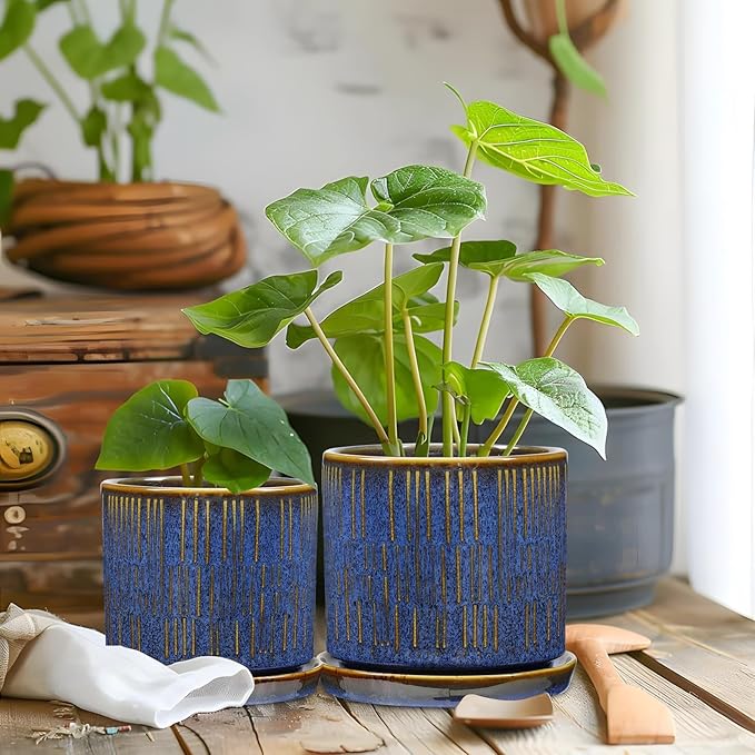 GnFlus Ceramic Plant Pots with Drainage Holes, Set of 2, 4.3+5.1 Inch Stripe Garden Planter Pots for Outdoor Indoor Plants Flower, Round Succulent Orchid Flower Pot Blue