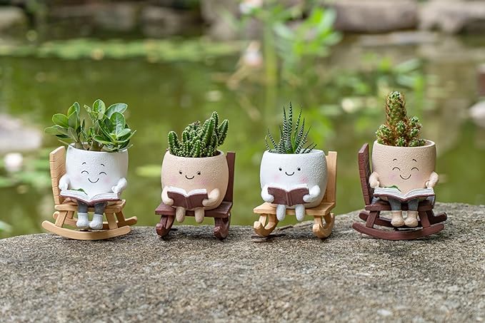 Rocking Chair Smiley Face Planter with Drainage Hole, Cute Plant Pots for Indoor Outdoor Plants,Unique Flower Pot for Succulents, Gift for Mother's Day, Birthday, Christmas