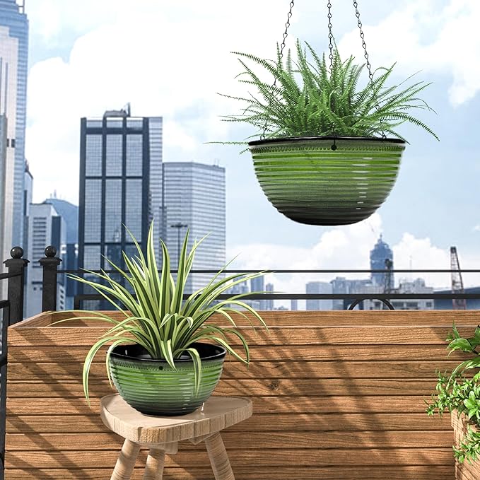 Vanslogreen 10 Inch Hanging Planter, 2 Pack Hanging Planters for Indoor Outdoor Plants, Hanging Pots with Drainage Holes for Garden Home (Green)