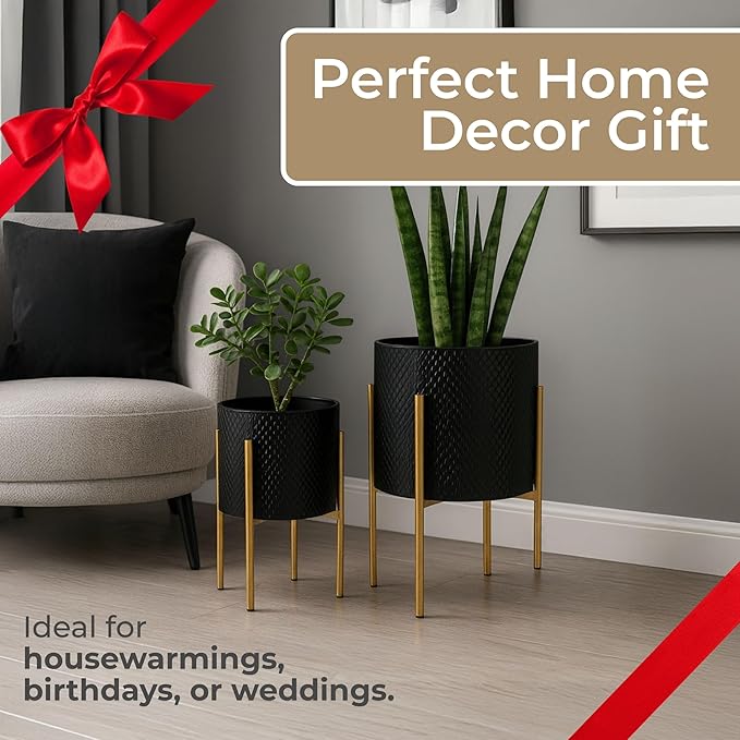 Decorative Flower Pots with Metal Stand for Home Decor - Modern Planters for Hallway, Entryway, and Living Room Decor - Indoor and Outdoor Pots for Plants - Set of 2, 23", 19", Black & Gold