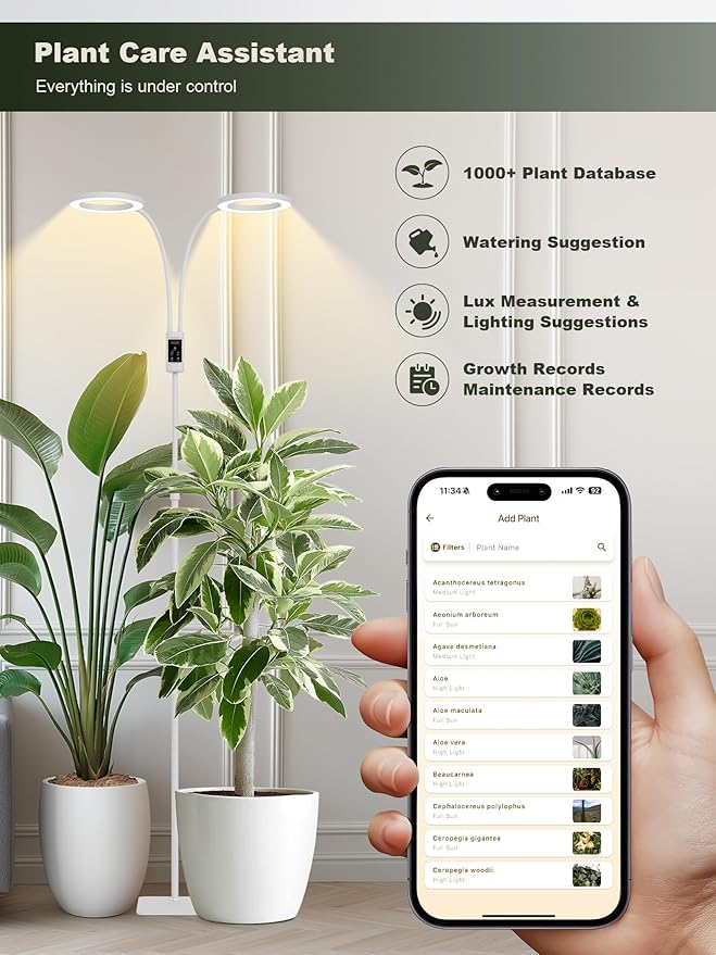 GLOWRIUM Smart Grow Lights for Indoor Plants, 48W Full Spectrum Plant Lights with Bluetooth App, Adjustable Height 47-70.9", Auto Timer, Indoor Plant Lamp for Large Tall Plants(White 48W)