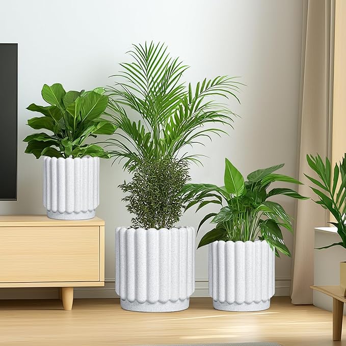 Ceramicfor Ceramic Plant Pots - 9.6 Inch Ceramic Planters with Drainage Hole, Round Flower Pots for Indoor Plants, Modern Fluted Large Planter Outdoor, Home Room Decor, Gardening Gifts, White