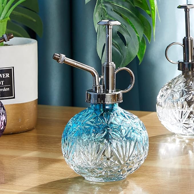 Glass Plant Mister Water Spray Bottle, Succulent Watering Bottle with Plastic Top Pump, Vintage Style Plant Sprayer, Small Watering Can for Indoor Outdoor House Plants - Blue