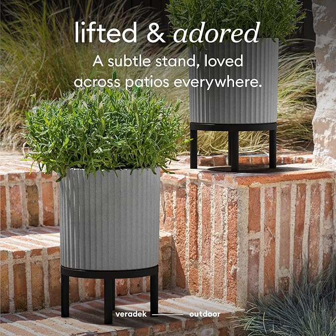 Veradek Demi Series Round Planter w/ Stand for Porch/Patio | Durable Plastic-Concrete & Wooden Stand | Modern Décor for Tall Plants, Flowers