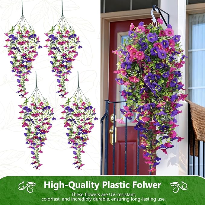Fake Hanging Plants, Faux Hanging Plant Artificial Greenery for Living Room Bedroom Boho Wall Shelf Indoor Outdoor Decor (4-Pack, Purple Pink Morning Glory)