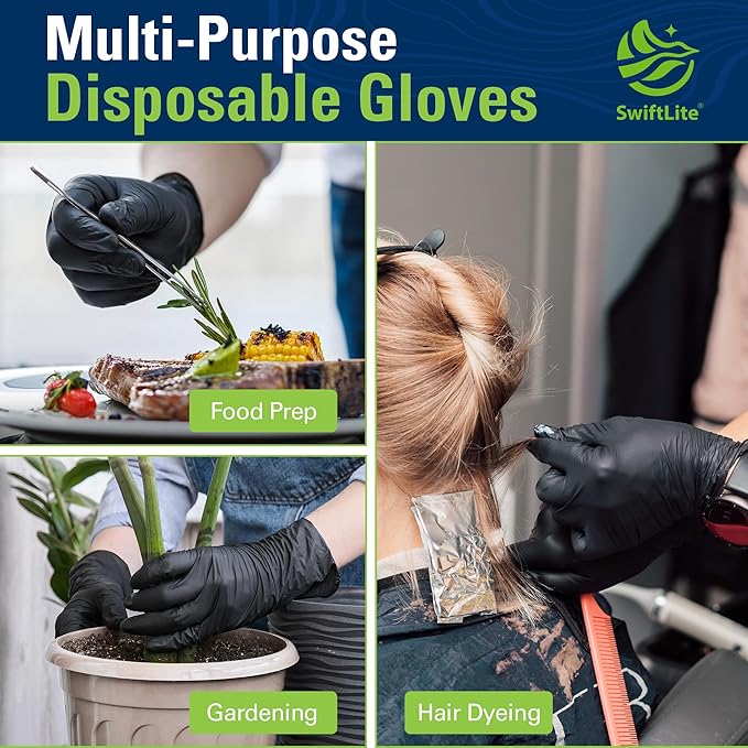 SWIFTLITE Black Nitrile Gloves, Food Safe Disposable Gloves Latex Free, Rubber Gloves Powder Free for Cooking, Kitchen Clean