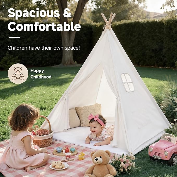 Sumbababy Teepee Tent for Kids with Mat, Cotton Canvas Indoor Foldable Tee Pee Tent for Toddler Slumber Party, Washable Play Tents Gift Toy for Girls & Boy