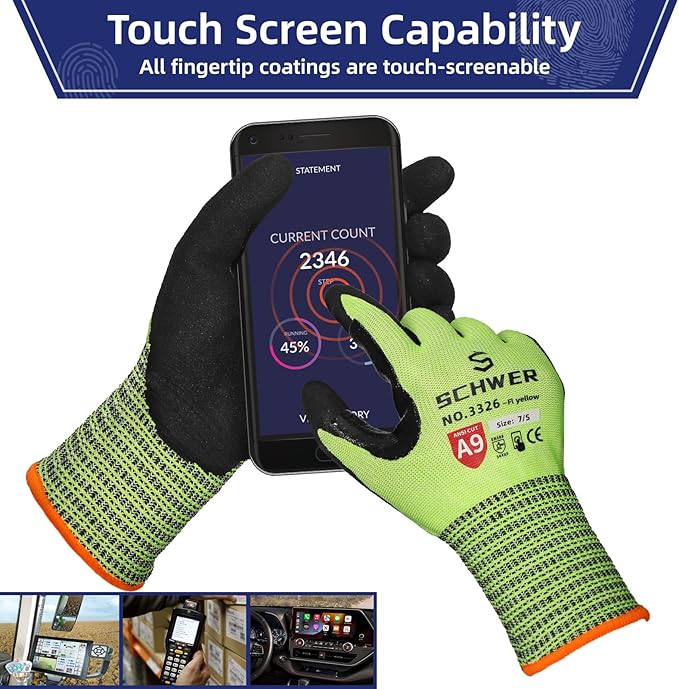 Schwer ProGuard Highest Level Cut Resistant Work Gloves PR3326 for Extreme Protection,ANSI A9 Cut Gloves with Reinforced Thumb, Non Slip, Breathable, Cooling, Durable, Touch-screen, Yellow 1 Pair XXL