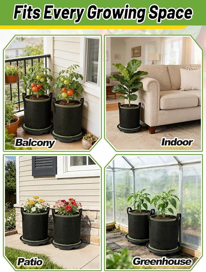 2Pack Self Watering Grow Bags with Pots Base - 5 Gallon Automatic Watering Planter Saucer with Wick Cord, Thick Fabric Vegetables Plants Pots with Handles for Indoor, Outdoor, Greenhouse, Garden