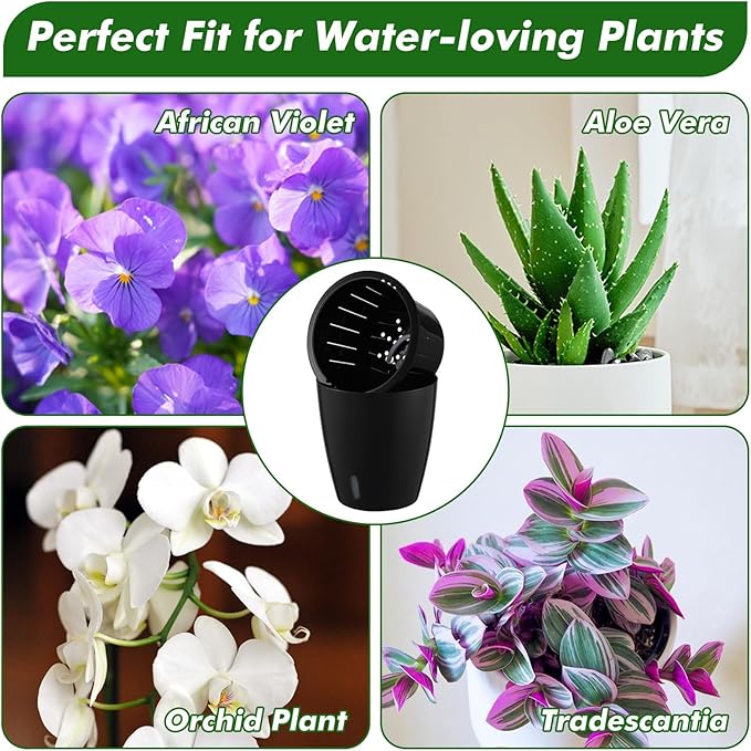 Planterhoma 5/6.7 Inch Self Watering Pots for Indoor Plants, 8 Packs Self Watering Planters for Orchid, Spider Plant, Devil's Ivy & African Violet, Water Indicator & Black Wick Pots, Black