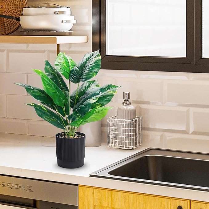 Der Rose 2 Pack Fake Plants Artificial Tropical Plants Indoor in Black Pot for Home Office Desk Accessories Bathroom Sage Green Decor