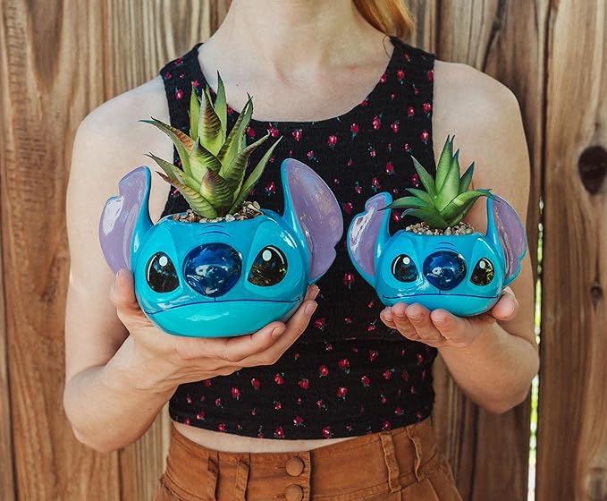 Silver Buffalo Lilo and Stitch, Stitch Face Decorative Artificial Faux Greenery Plant in Ceramic Large